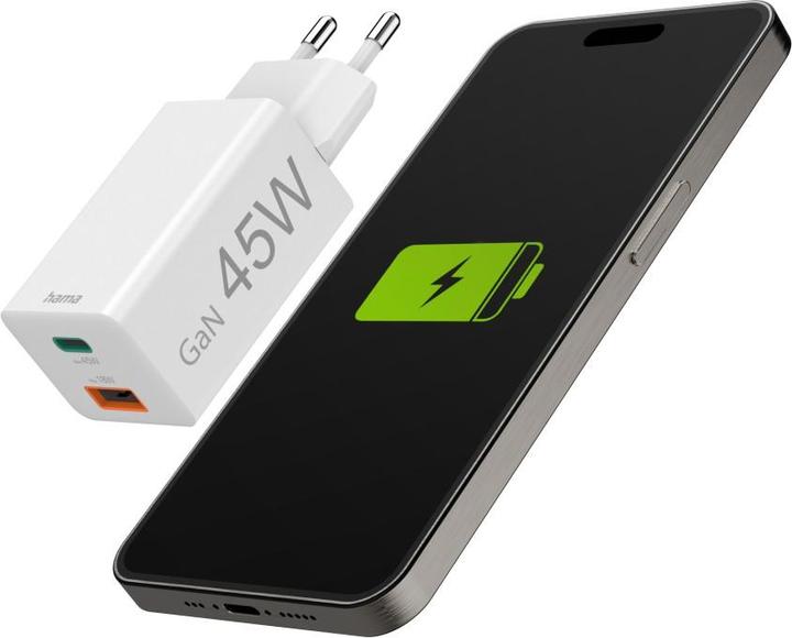 Image du produit Hama Chargeur rapide, 1x USB-C PD, 1x USB-A QC, mini-chargeur, 45 W, blanc (45 W)