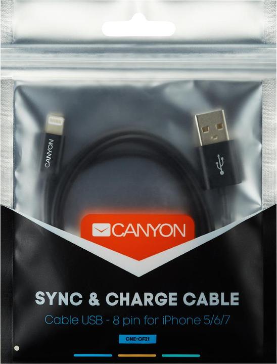 Actual product image Canyon CNE-CFI1B lightning cable Black (1 m, USB 2.0, 5 W)