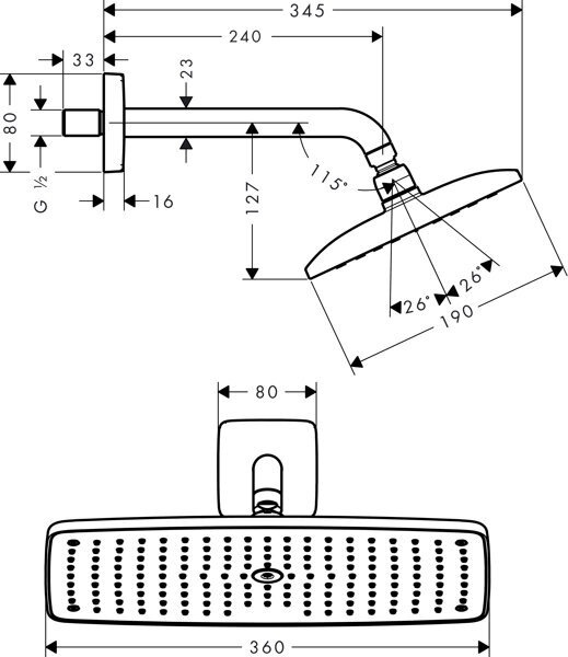 Actual product image hansgrohe HG overhead shower RAINDANCE DN 15 m Br 240mm E 360 AIR 1jet 360x190m (1 Beam types, 18 l/min)