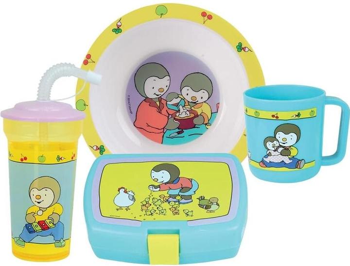 Actual product image crockery set soup plate, mug, straw goblet and 1 children's lunch box jemini t'choupi