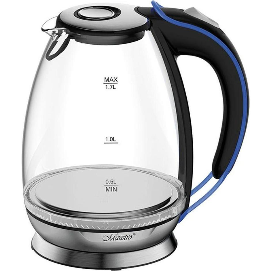 Maestro MR-054 Bollitore elettrico con vetro illuminante 1 7 L, Bollitore, Argento, Nero, Trasparente