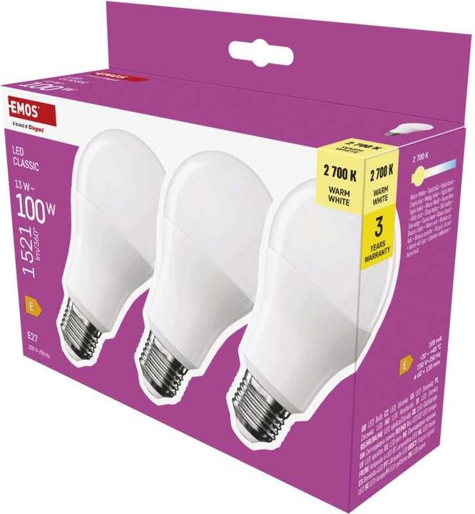 Actual product image Emos LED lamp Classic A60 / E27 / 13 W (100 W) / 1521 lm / Warm white (E27, 13 W, 1521 lm, 3 x, E)