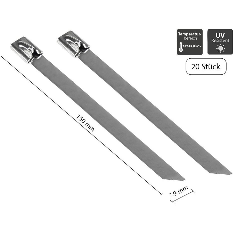 Good Connections, Kabelbinder, Edelstahl-Kabelbinder 150 mm x 7,9 mm, -60 °C bis +550 °C, 20 Stück (Metallkabelbinder, 1...