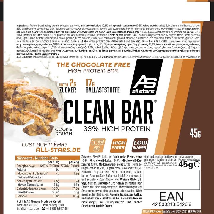Nutritional values and ingredients All Stars Clean Bar (45g) (Cookie Dough, 1 pcs., 45 g)