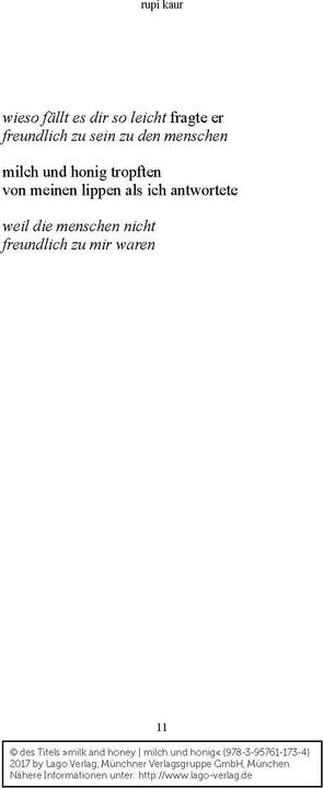 Immagine prodotto milk and honey - milch und honig (Tedesco, Rupi Kaur, 2017)