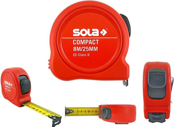 Actual product image Sola Messwerkzeuge Tape measure - COMPACT - 8m / 25mm - pocket tape measure with belt clip - steel tape, yellow (8 m)