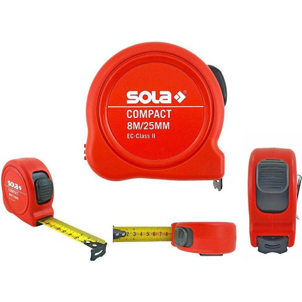 Sola Messwerkzeuge, Längenmesswerkzeug, Bandmass - COMPACT - 8m / 25mm - Taschenbandmass mit Gürtelclip - Stahlband, gel...