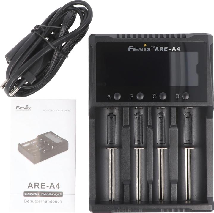 Produktbild Fenix Rundzellen Ladegerät ARE A4 (1 Stk., 10340, 10350, 10440, 10500, 12500, 12650, 13500, 13650, 14500, 14650, 16340, 16650, 17500, 17650, 17670, 18350, 18490, 18500, 18650, 18700, 21700, 22650, 25500, 26500, 26650, Akku)