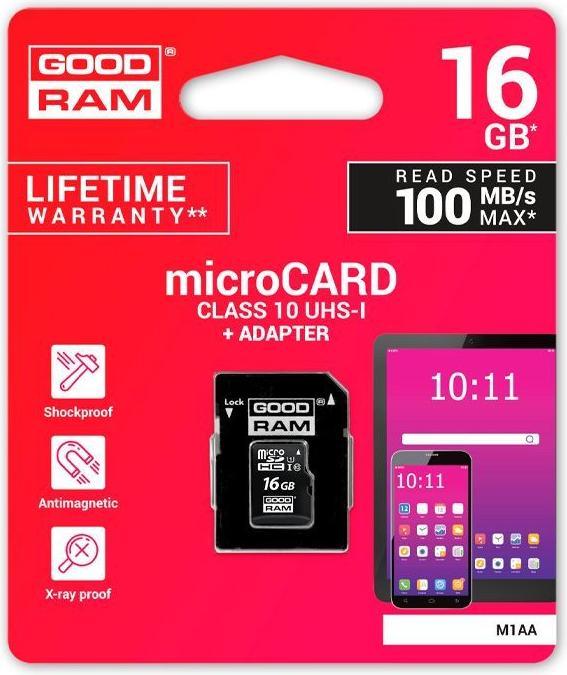 Immagine prodotto Goodram M1A0-0160R12 - 16 GB - MicroSDHC - Classe 10 - UHS-I - 100 MB/s - 10 MB/s (16 GB, microSDHC, U1, UHS-I)