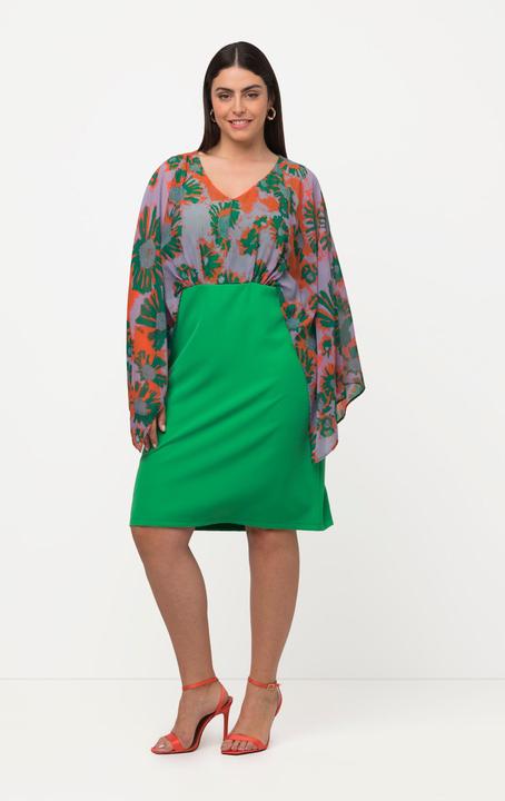 Immagine prodotto Ulla Popken Abito midi con corpino in chiffon, foglie, scollo a V e maniche lunghe (46, 48)