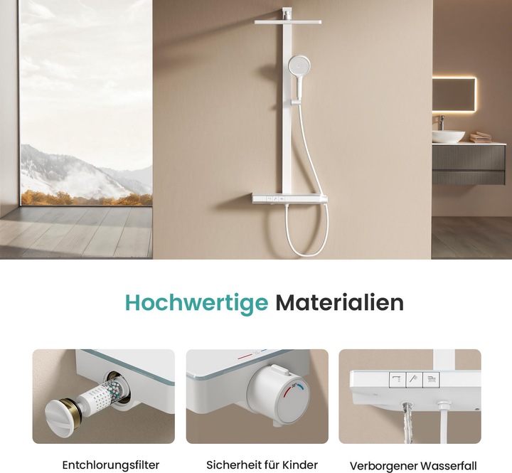 Produktbild Emke Duschsystem Mit Thermostat, Handbrause + Regendusche(3 StrahlstäRken) + Unterer Auslass, mattweiss