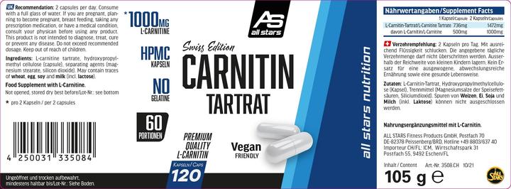 Valeurs nutritives et ingrédients All Stars L-Carnitin Tartrat (120 pièce(s), Capsules, 150 g)
