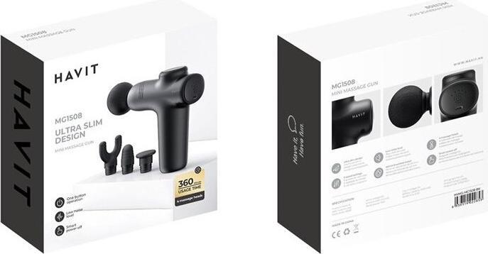 Immagine prodotto Havit - Mini Massage Gun (MG1508) - 7.4V, 15W, 3000RPM, 1500mAh - Black (5 Passi, 120 min)