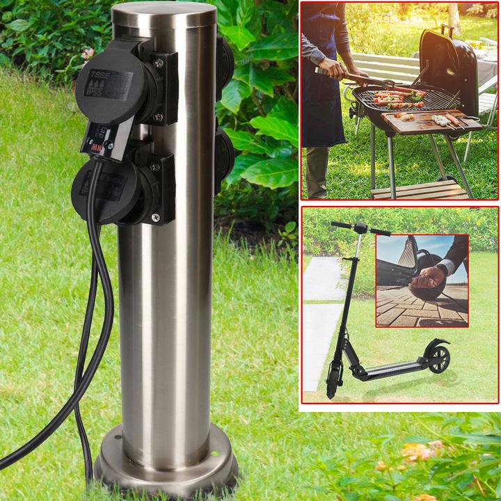 Produktbild Max Hauri 2er-Set Runde GartensteckdosensÃ¤ule mit 4 Steckdosen Typ 13, IP55, schwarz/silber (4 x, Typ 13)