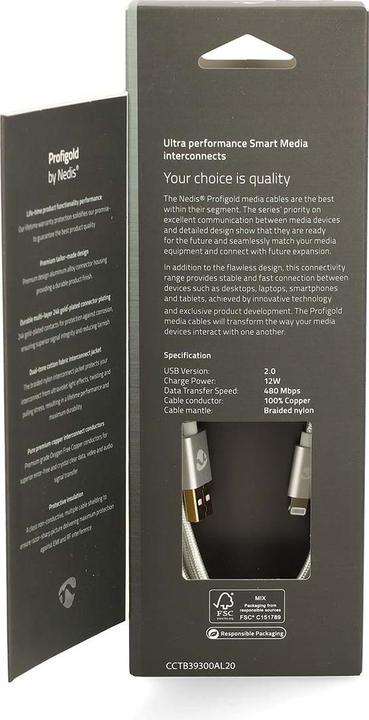 Actual product image Nedis CCTB39300AL20. Colour of product: Aluminium, Connector 1: USB A, Connector 2: Lightning. Packaging (2 m, USB 2.0)