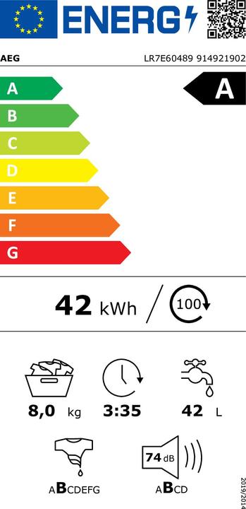 Energy Label AEG LR7E60489 Washing machine front loader 8 kg 1,400 rpm start time preselection (8 kg, Left)