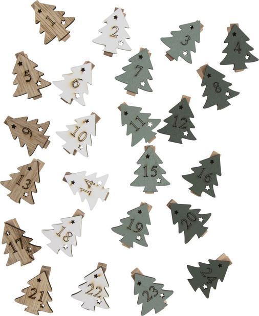 Produktbild MICA Living Adventskalenderclips Bäume - braun/weiss/grün - ca. 3,5 cm - 24 Stück