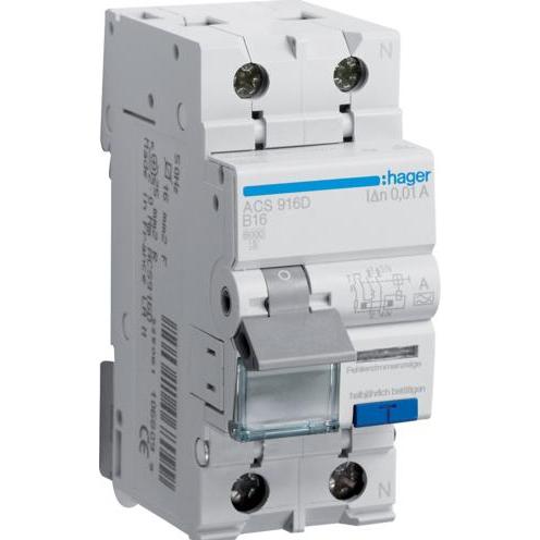 Hager, Schutzschalter, FI/LS-Schalter 1P+N 6kA B-16A 10mA ACS916D