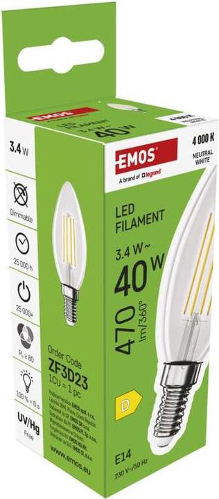 Immagine prodotto Emos Lampada LED Candela a filamento / E14 / 3,4 W (40 W) / 470 lm / Bianco neutro (E14, 470 lm, 1 x)