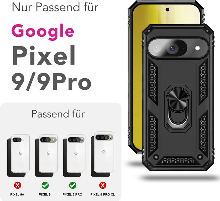 Produktbild Nalia RingDefend - Schwarze Panzerhülle mit 360-Grad Finger-Halter & Ständer - Military Style Cover (Google Pixel 9)