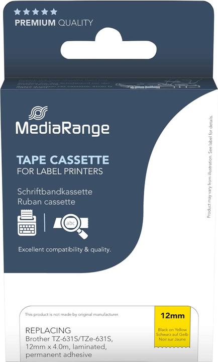 Produktbild MediaRange Schriftbandkassette schwarz auf gelb 4m x 12mm (1.20 cm, Gelb, Schwarz)