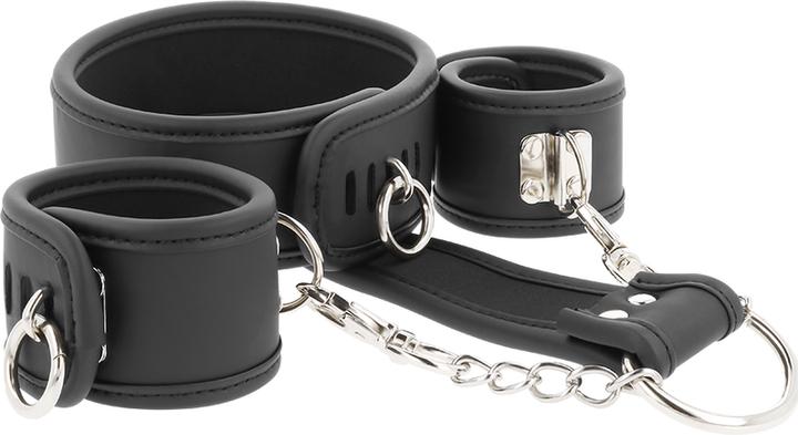 Fetish submissive Cuff set consisting of neck and hand cuffs made of vegan leather