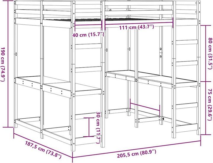 Produktbild vidaXL Hochbett mit Schreibtisch & Leiter (180 x 200 cm)