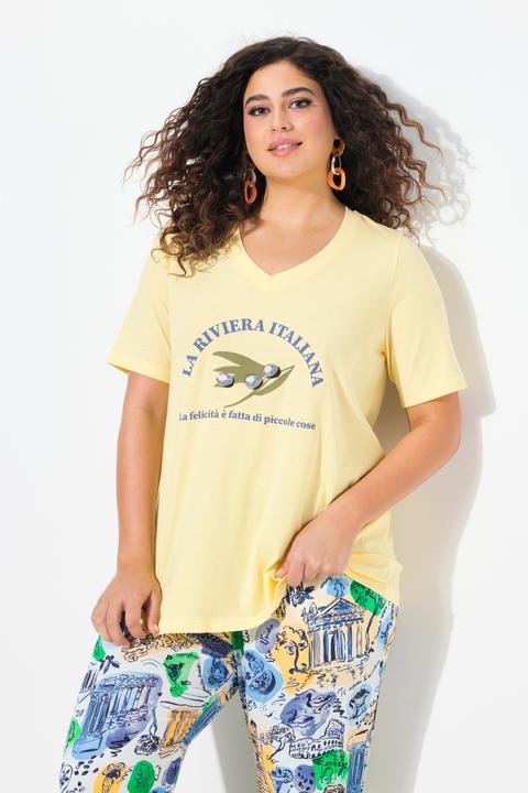 Immagine prodotto Ulla Popken T-shirt dal taglio svasato con ricami, scollo a V e mezze maniche (42, 44)