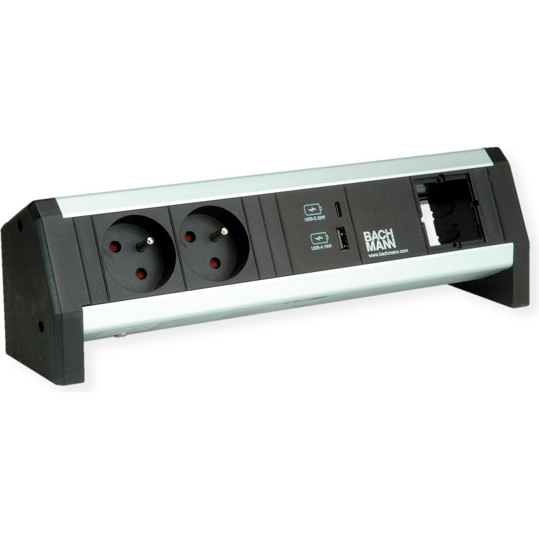 Bachmann, Steckdosenleiste, DESK - 2 AC-Ausgänge - Indoor - GST18 - Aluminium - Kunststoff - Schwarz - Silbe (2 x, CEE 7...