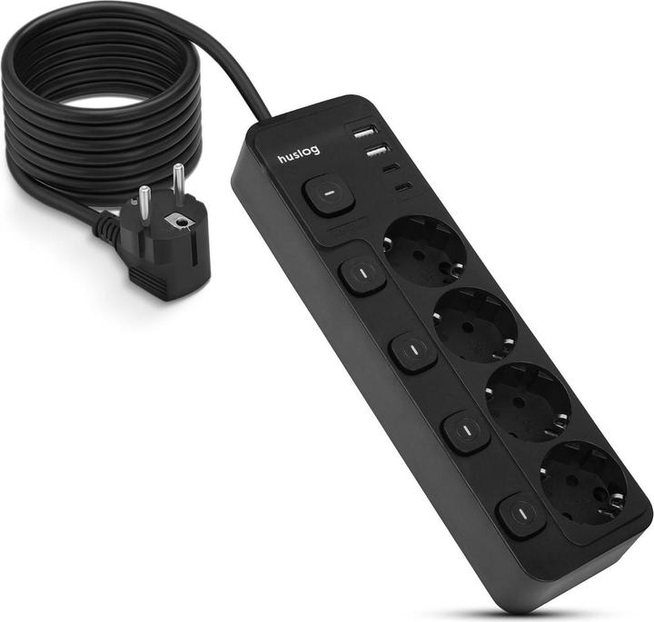 Huslog Power strip with 5 switches (4x, CEE 7/4, 1.50 m)