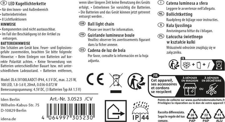 Image du produit Idena Guirlande lumineuse LED en forme de boule avec minuterie 6h pour 3 piles AA blanc chaud 100 LED (10.20 m)