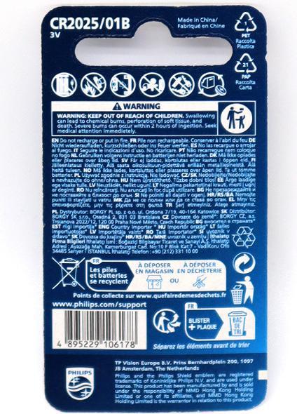 Image du produit Philips Minicells Battery CR2025/01B, Pile à usage unique, Lithium-Ion (Li-Ion), 3 V, 1 pc(s), 40 mm (1 pcs, CR2025)