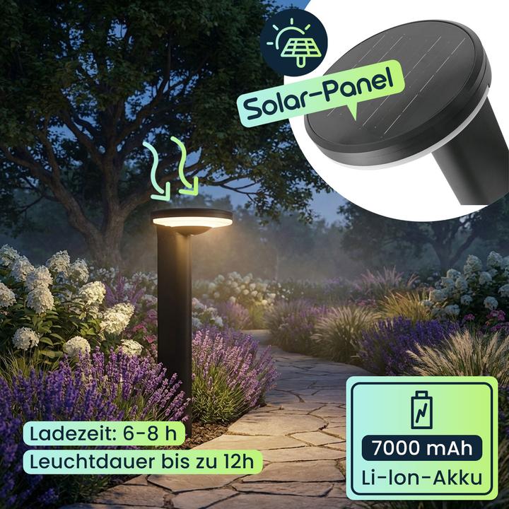 Actual product image Ideoon Premium Solar Säulen-Wegeleuchte aus Aluminium in Schwarz, 300lm helle SMD-LEDs, Dämmerungssensor (300 lm, IP65)