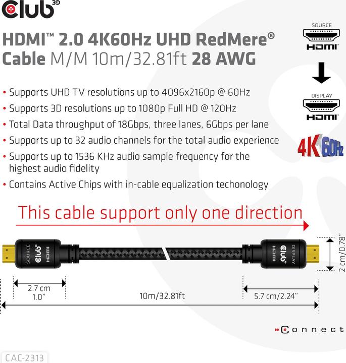 Produktbild Club 3D HDMI 2.0 4K60Hz RedMere-Kabel 10 m (10 m, HDMI, 2.0)