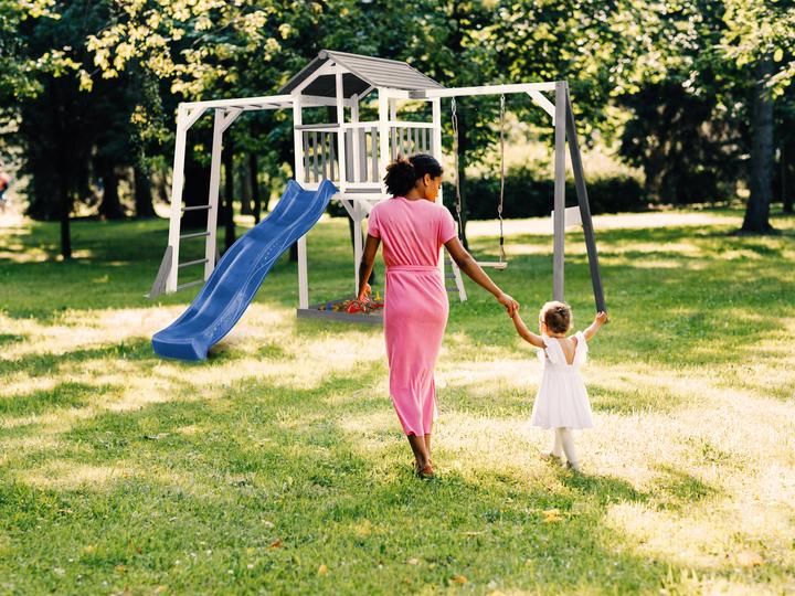 Actual product image Axi Beach Tower Play Tower with Climbing Frame and Single Swing - Blue Slide