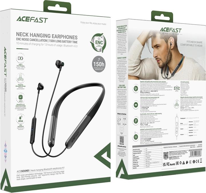Actual product image Acefast N1 in-ear wireless headphones + USB-A USB-C cable - black (ANC, Wireless)