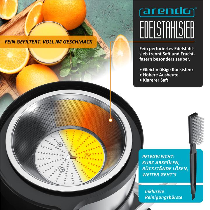 Actual product image Arendo Zentrifugalentsafter, Edelstahl, BPA Frei, 1000W, XXL-Einfüllschacht, Programme, Display, Tropfstopp