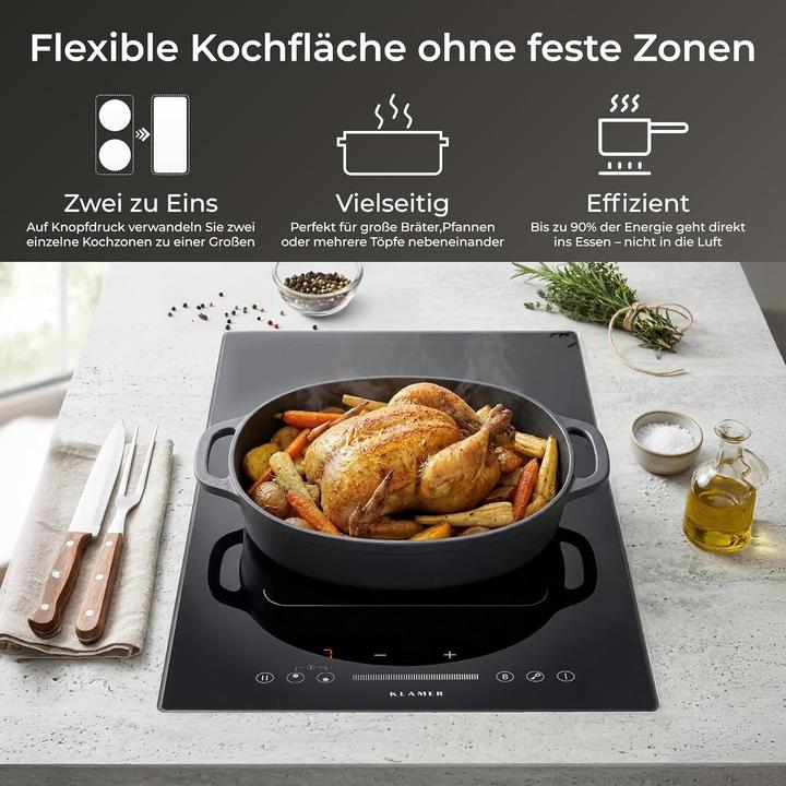 Produktbild KLAMER Induktionskochfeld 30 cm, 2 Zonen mit 1 Flexzone, 3500 Watt, Boost Funktion, 9 Leistungs… (51.90 cm, Induktionskochfeld)