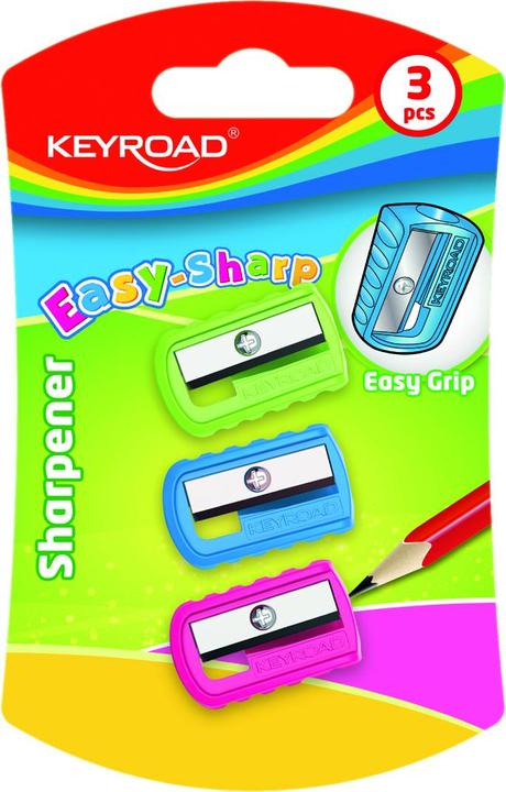 Keyroad Easy-sharp kunststof slijper, per stuk, 3 stuks, blister, gemengde kleuren