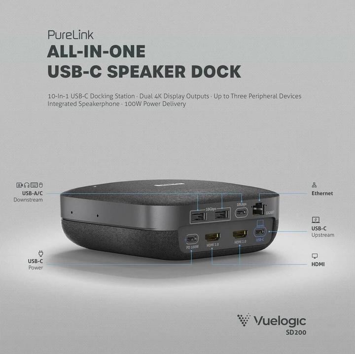 Produktbild Purelink Vuelogic - Speakerdock - SD200 - Kombination aus Lautsprecher, Mikrofon und Dockingstation - 4K-Unt (USB-C, 10 Ports)