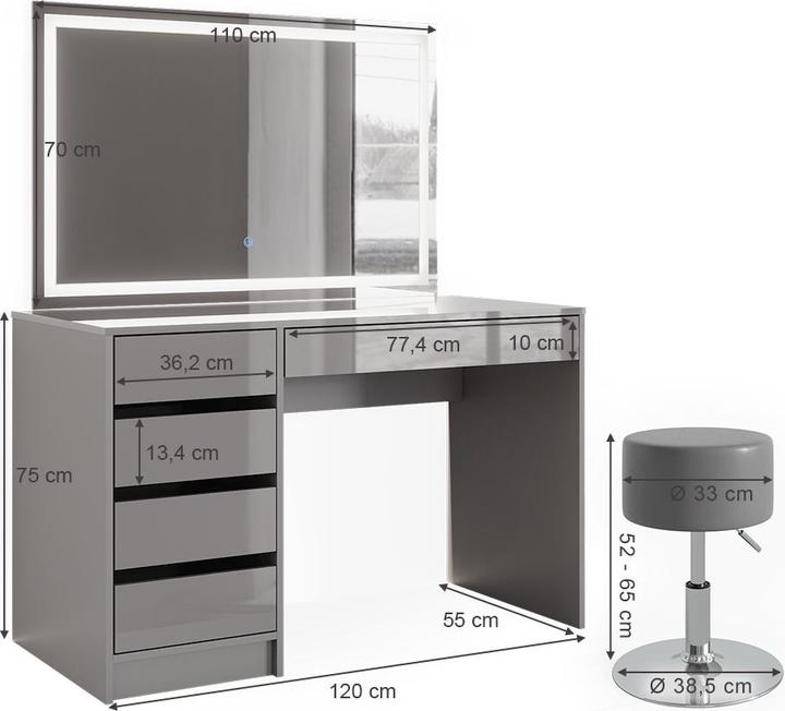 Image du produit Vicco Sherry avec miroir LED et tabouret (120 x 55 x 75 cm)