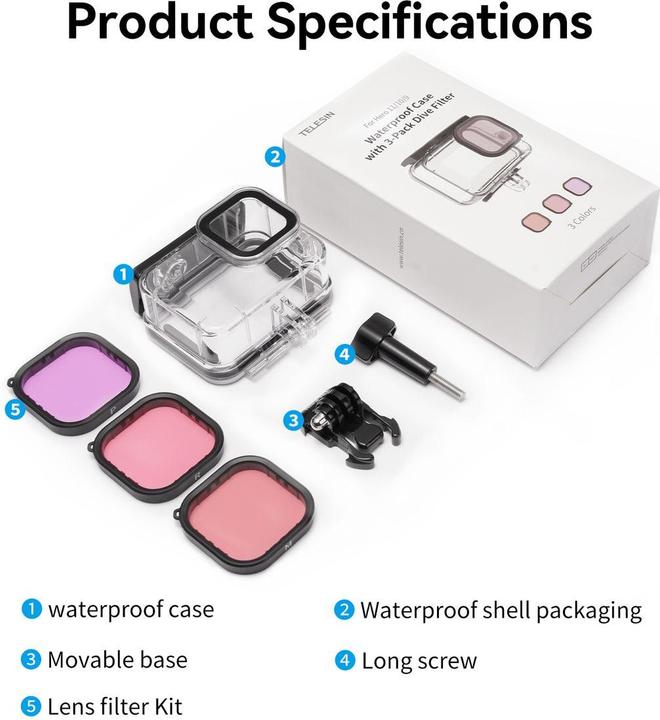 Image du produit Telesin 45m waterproof case and diving lens kit (purple/red/magenta) for GoPro Hero 13/12/11/10/9 (Hero 10, Héros 9, Hero 12, Hero 11)