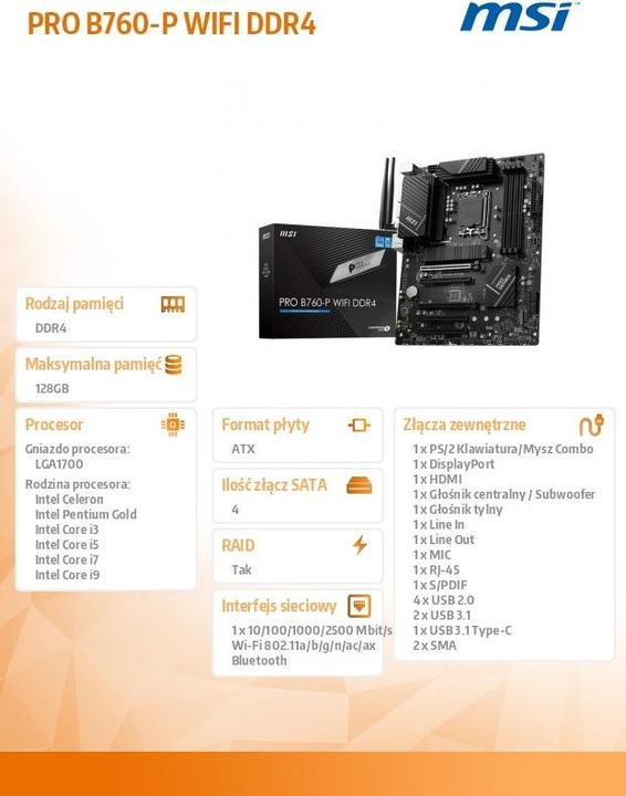 Immagine prodotto MSI PRO B760-P WIFI (LGA 1700, Intel B760, ATX)