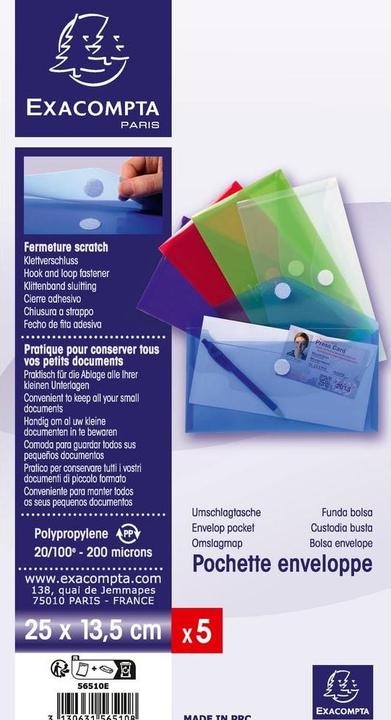 Image du produit Exacompta Sachet de 5 mini pochettes-enveloppes polypropylène - 25x13,5cm - Couleurs assorties (24 x 18 cm, 5 x)