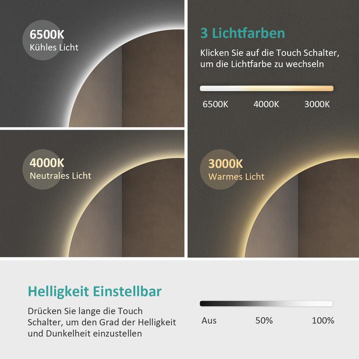 Produktbild Emke Badspiegel mit Beleuchtung Φ70cm,Beschlagfrei, 3 Farbtemperaturen(3000K-6500K) und dimmbaren