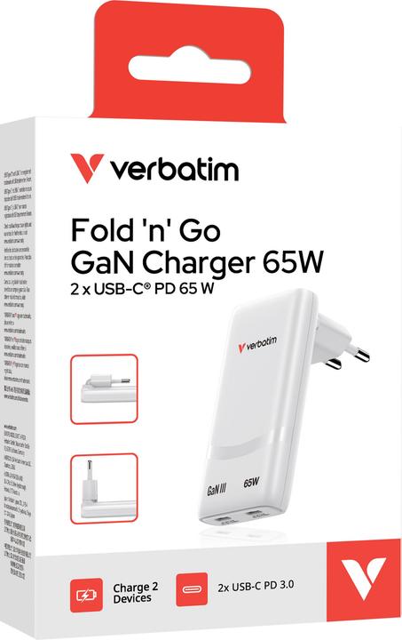 Productafbeelding Verbatim GaN III Fold 'n' Go Charger 2 Port 65W USB-C white (65 W)