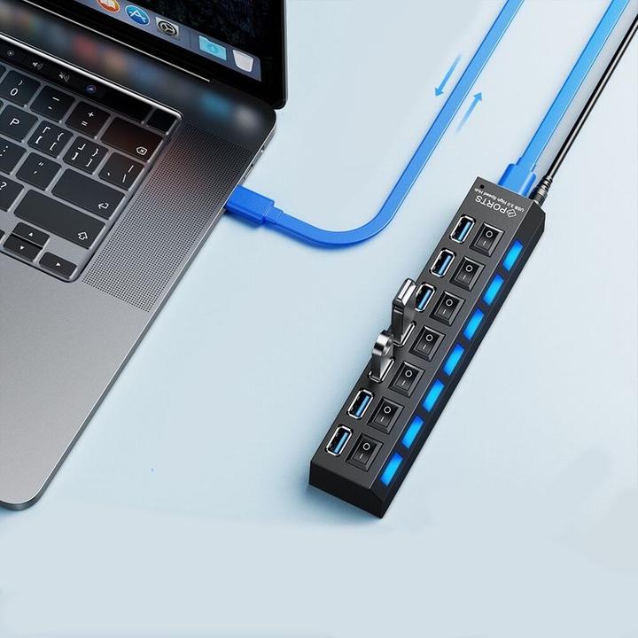 Produktbild Hermex USB-Hub USB-A 3.0 7-Port Adapter mit Ein- u. Ausschalter und Licht (USB-A, 7 Ports)