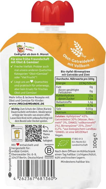 Produktbild Freche Freunde Quetschbeutel Apfel, Birne, Zimt, Reis, Dinkel 100 g (107 g)