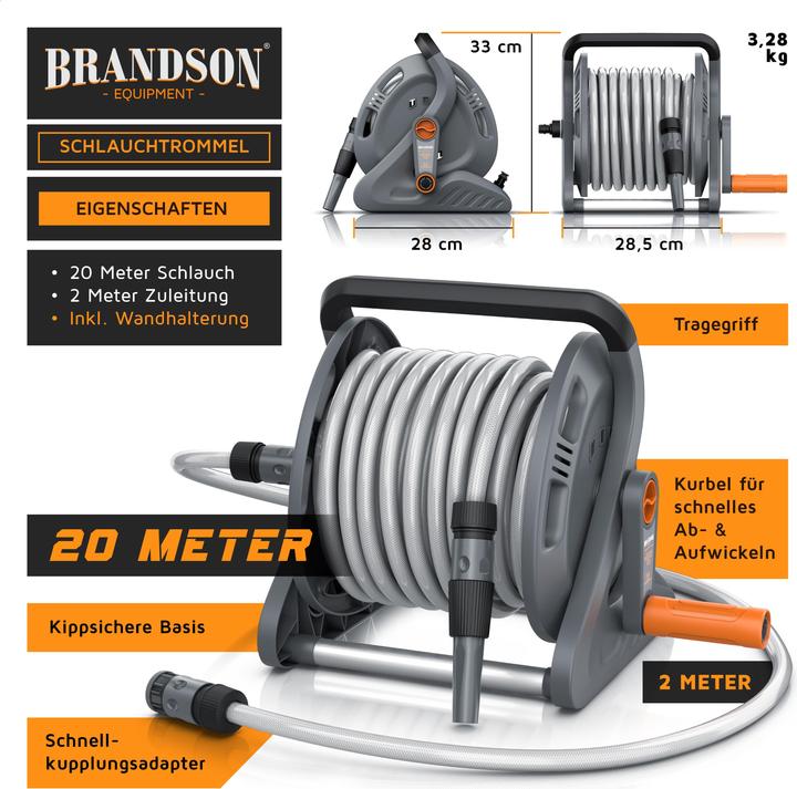 Produktbild Brandson Schlauchtrommel Schlauchbox mit 20m Gartenschlauch, Drehgriff, Nachtropfstopp, Wandmontage (20 m)
