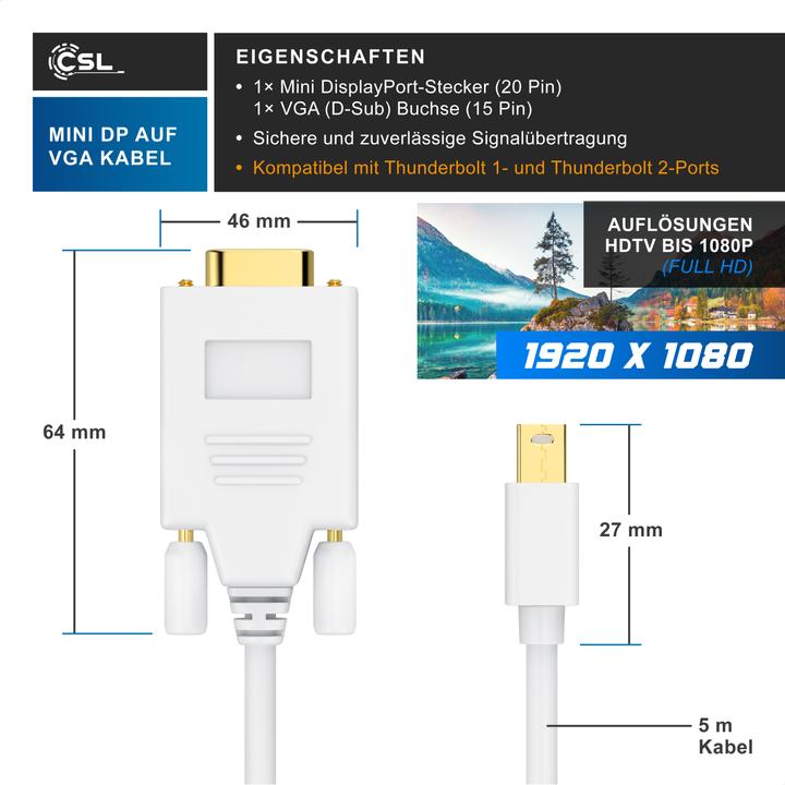 Image du produit CSL Câble vidéo audio mini Displayport vers VGA, adaptateur de moniteur miniDP / compatible Thunderbolt (5 m)